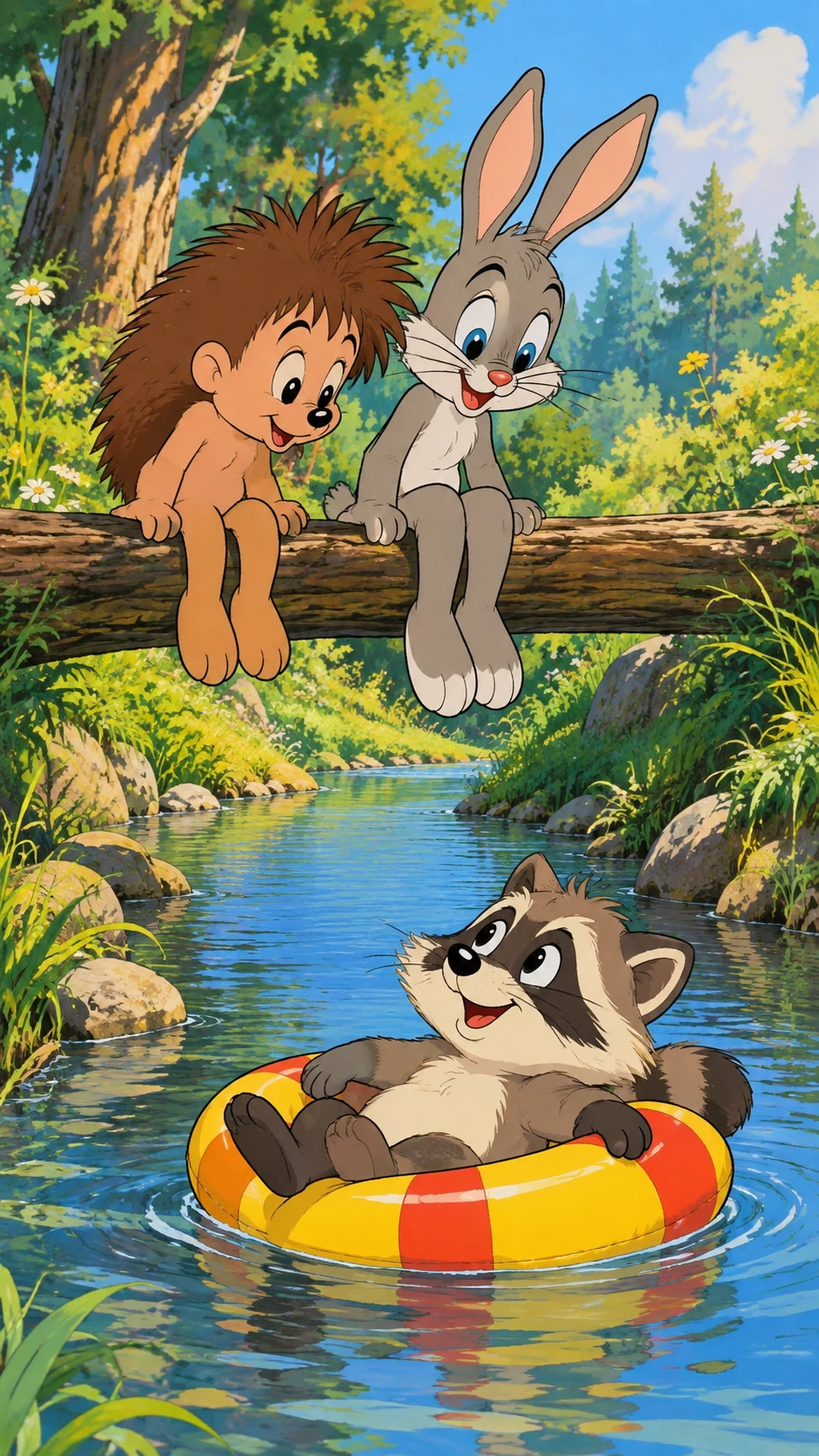Hérisson et lapin regardant un raton laveur souriant sur l’eau