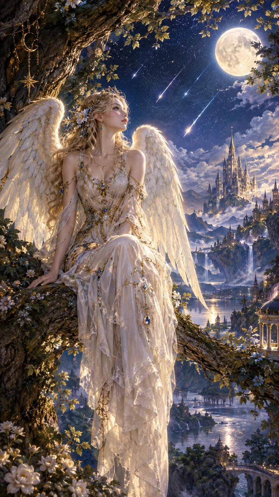 Angelo che riposa su un ramo d’albero sotto un cielo notturno magico