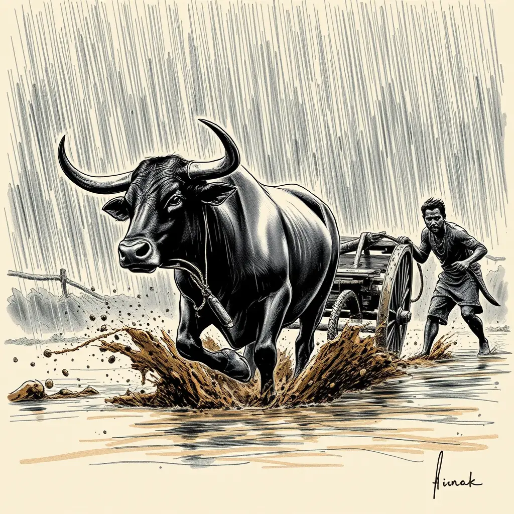 Toro e uomini che lottano con il carro nella tempesta del villaggio