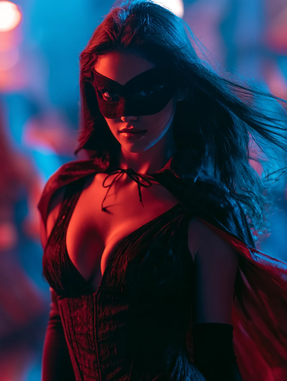 Femme élégante en costume de vampire noir à une fête d’Halloween