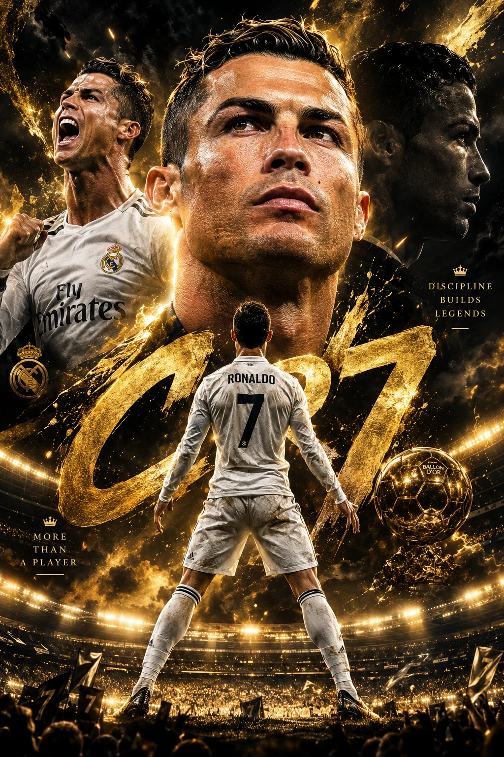 Legendärer Fußball-Ikonen-Poster im schwarz-goldenen Stadion