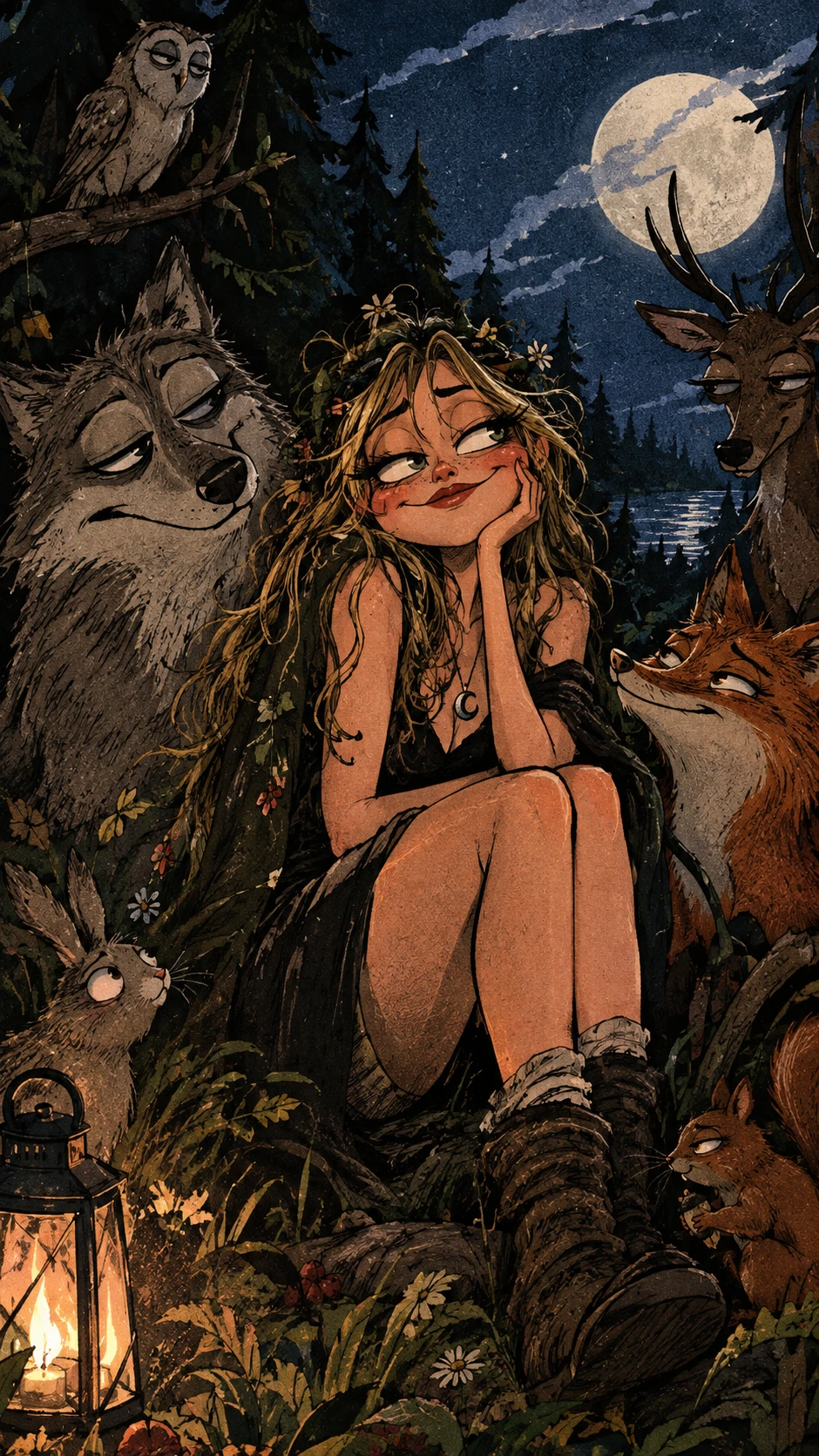 Mulher cartunesca fantasiosa em uma cena de floresta misteriosa