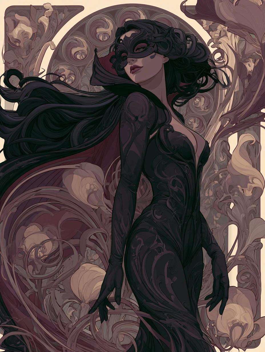 Mulher vampira mascarada entrando em uma festa de Halloween art nouveau