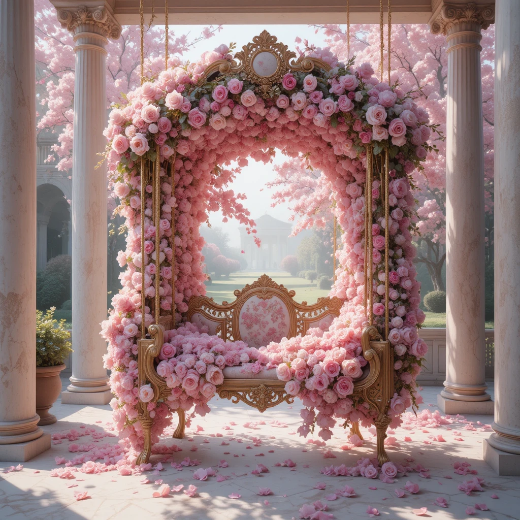 Balanço de Jardim Rococó Coberto por Flores em Tons Pastel