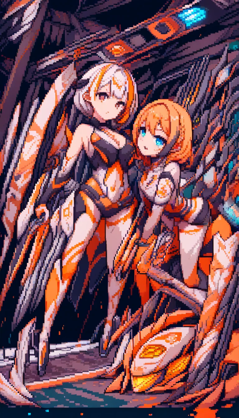 Duas garotas de anime em um quarto pixel art iluminado por neon