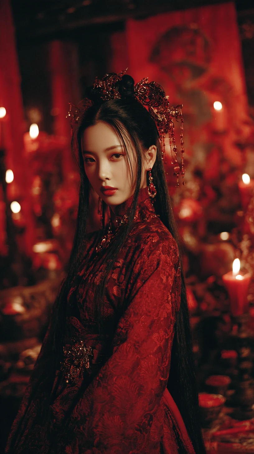 Rainha de fantasia sombria em hanfu carmesim diante de uma lua de sangue
