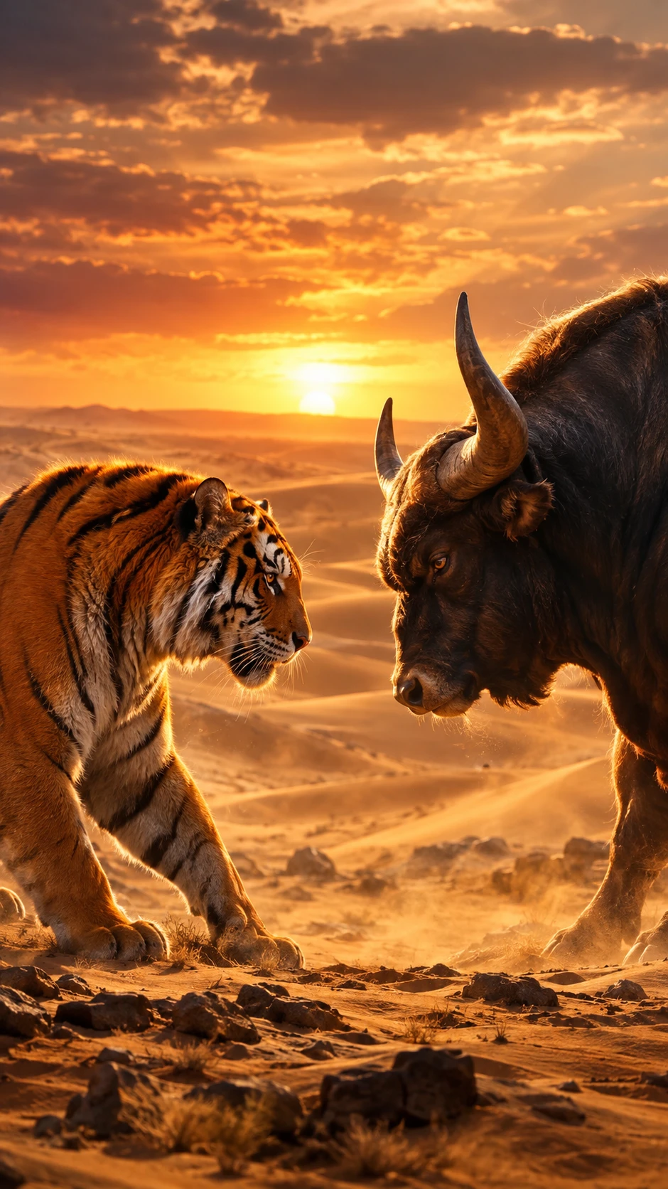 Scontro tra tigre e toro in un deserto dorato al tramonto