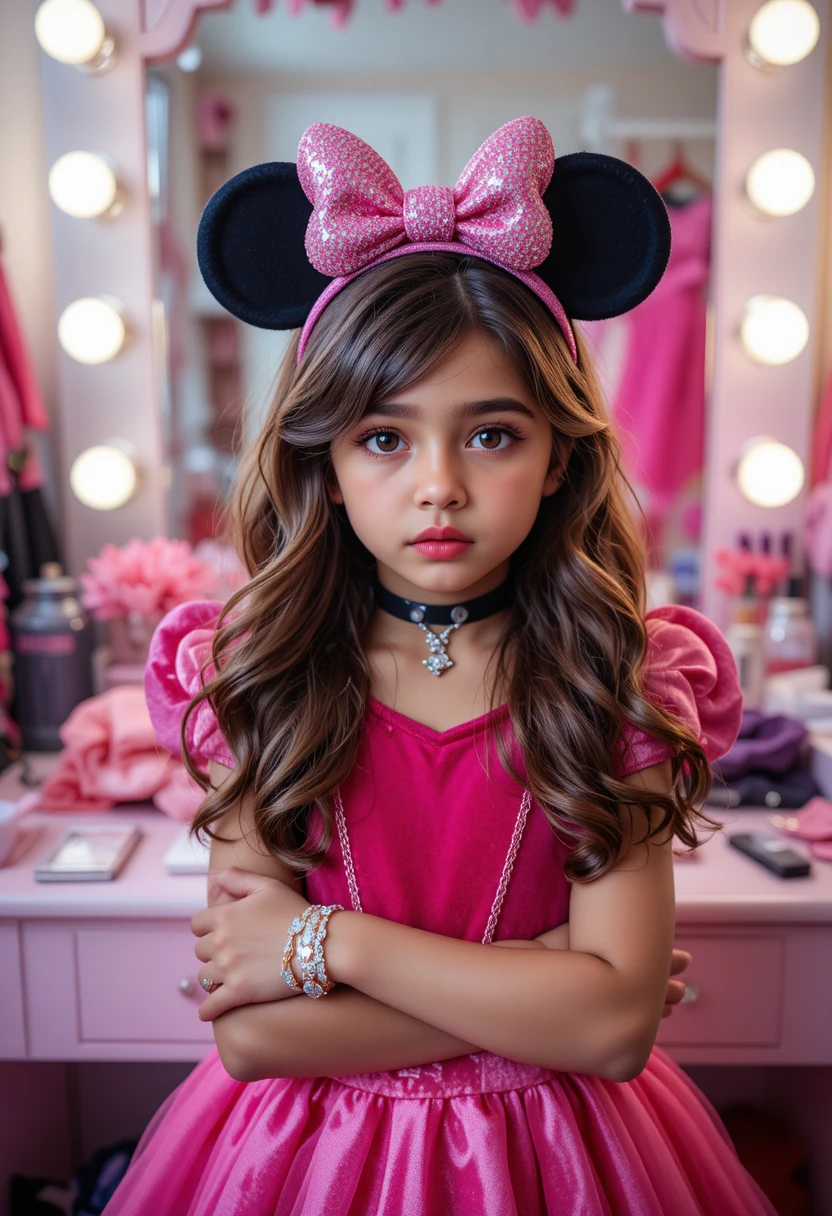 Junge im Prinzessin-Minnie-Kostüm vor rosa Schminktisch