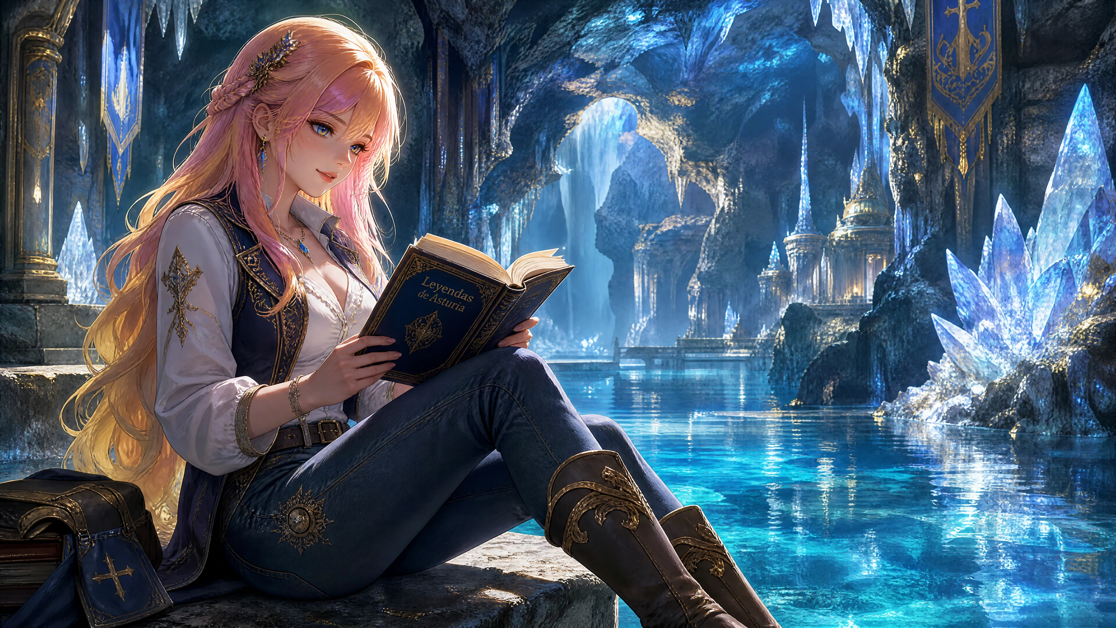 水晶洞窟の泉のほとりで読書する快活なファンタジー女性