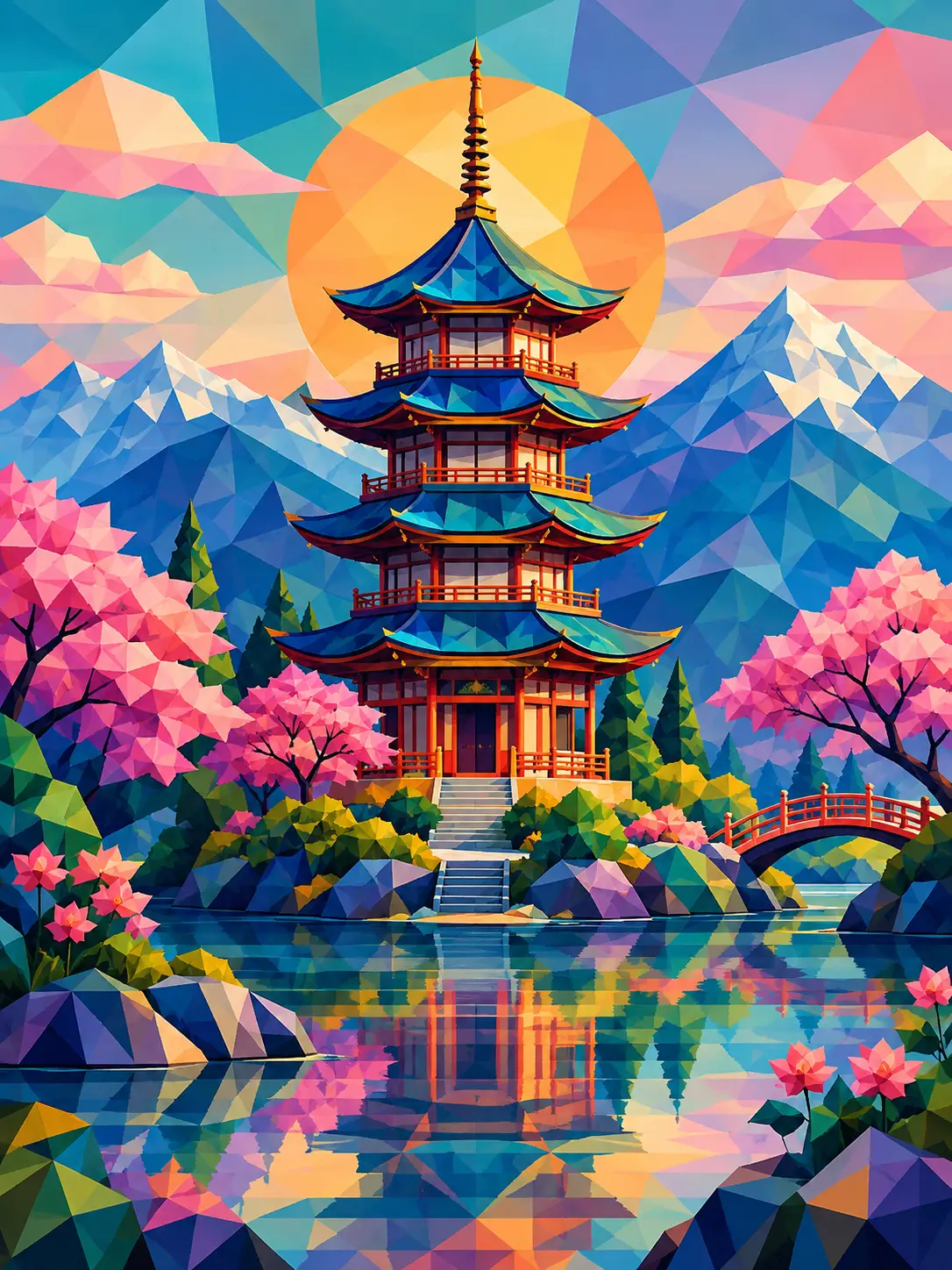 Farbenfrohe geometrische Pagode in einer ruhigen abstrakten Landschaft