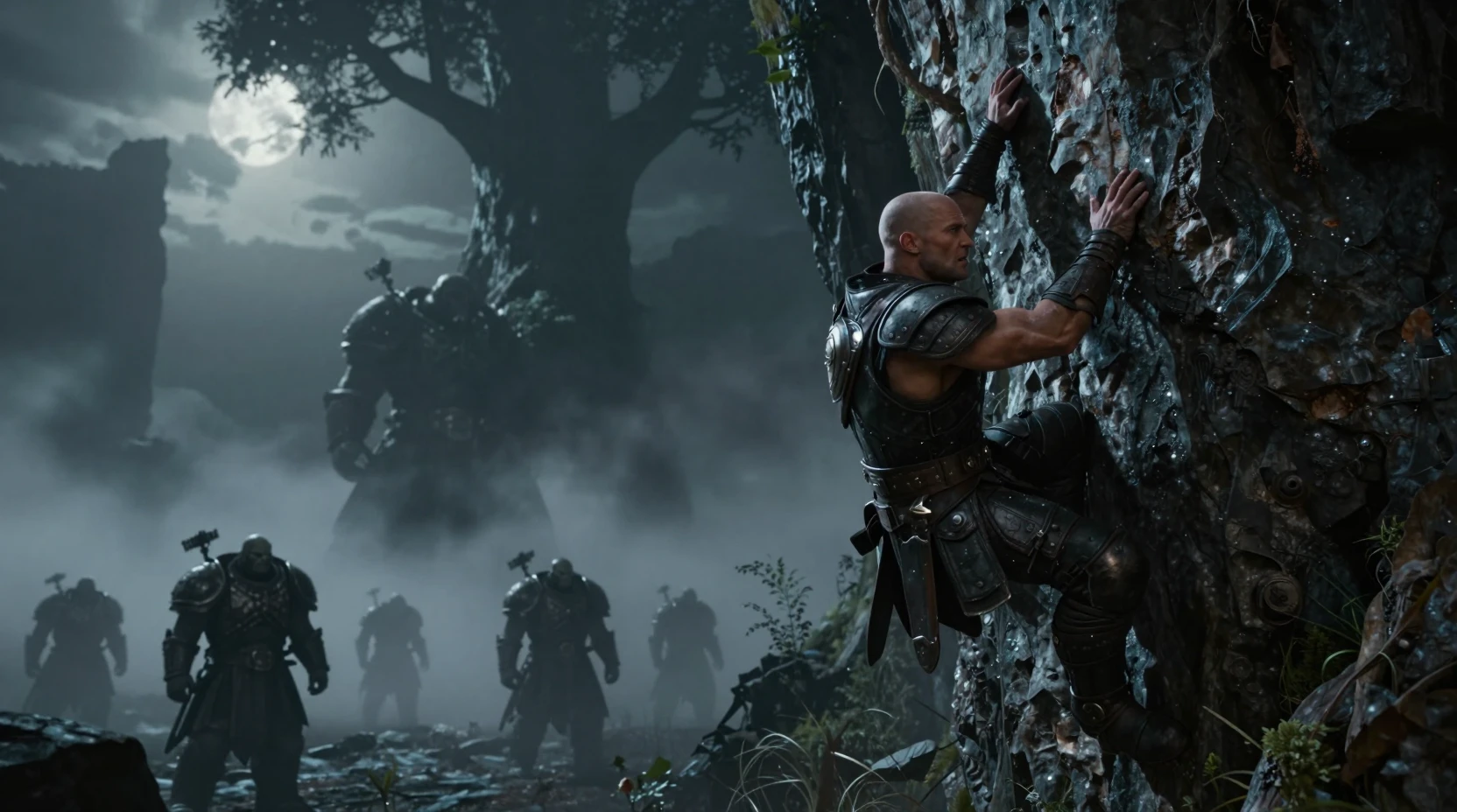 Warrior climbing a sheer cliff in a dark fantasy night