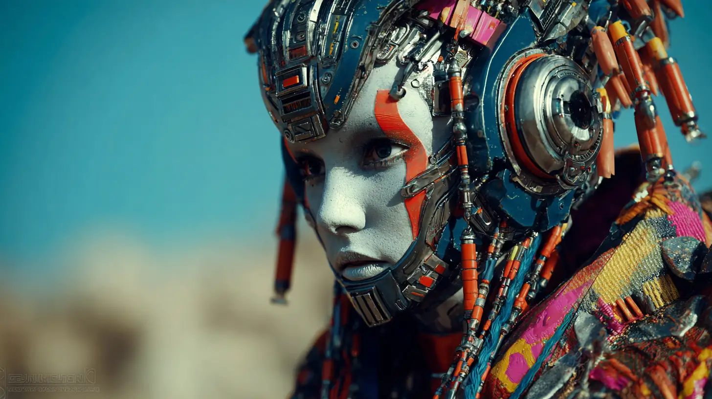 Tribal sci fi woman in a futuristic space utopia city