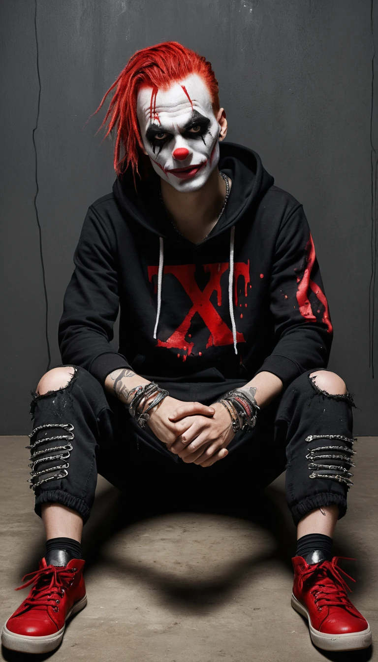 Punk mit Clown-Schminke sitzt im dramatischen Studio