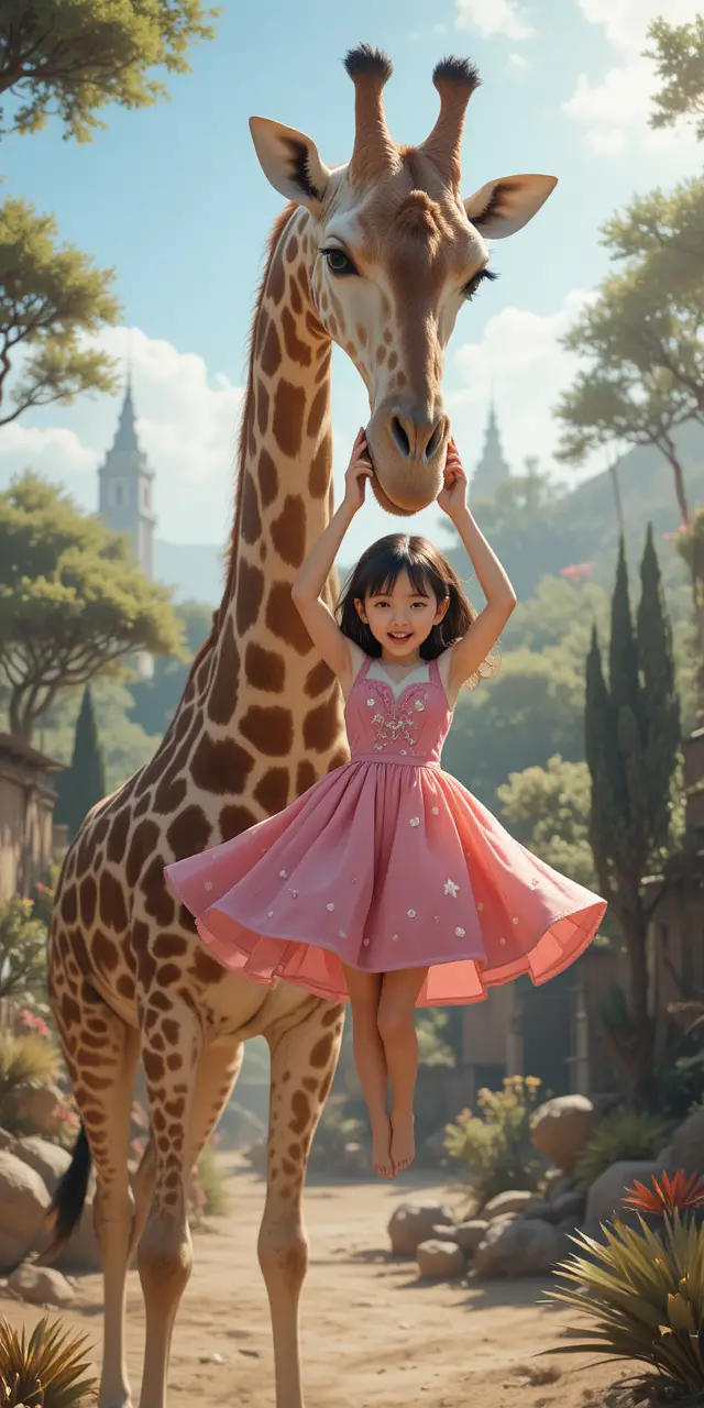 Junges Mädchen wird von sanfter Giraffe im sonnigen Zoo-Gehege hochgehoben