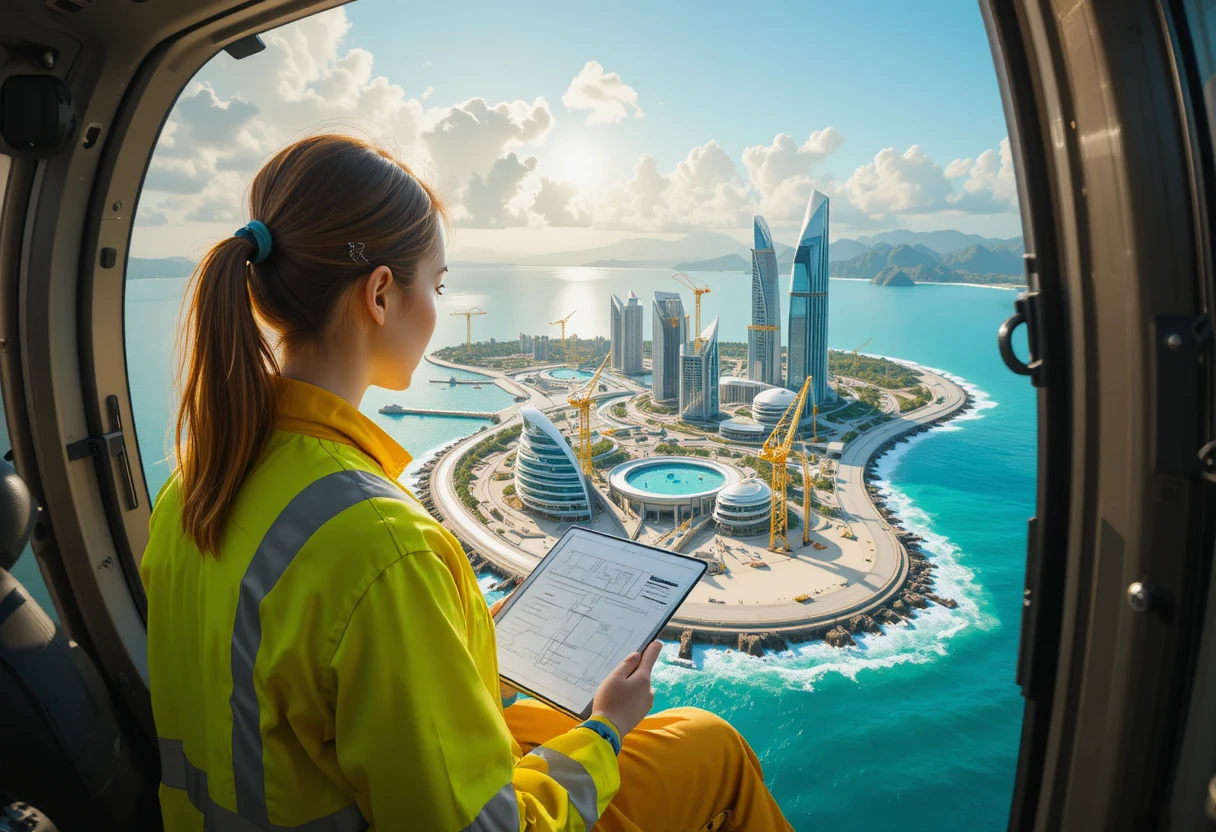 Engenheira em helicóptero observando cidade futurista em ilha