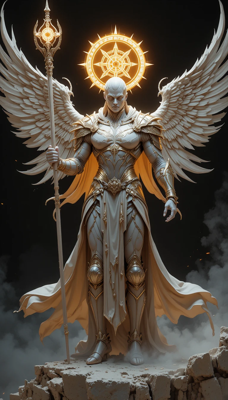 Guerreira celestial com asas radiantes e arma sagrada