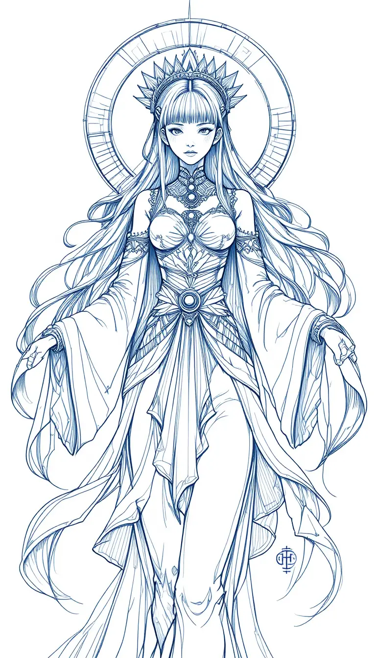 Dea mistica in stile anime in line art con nastri fluttuanti e alone
