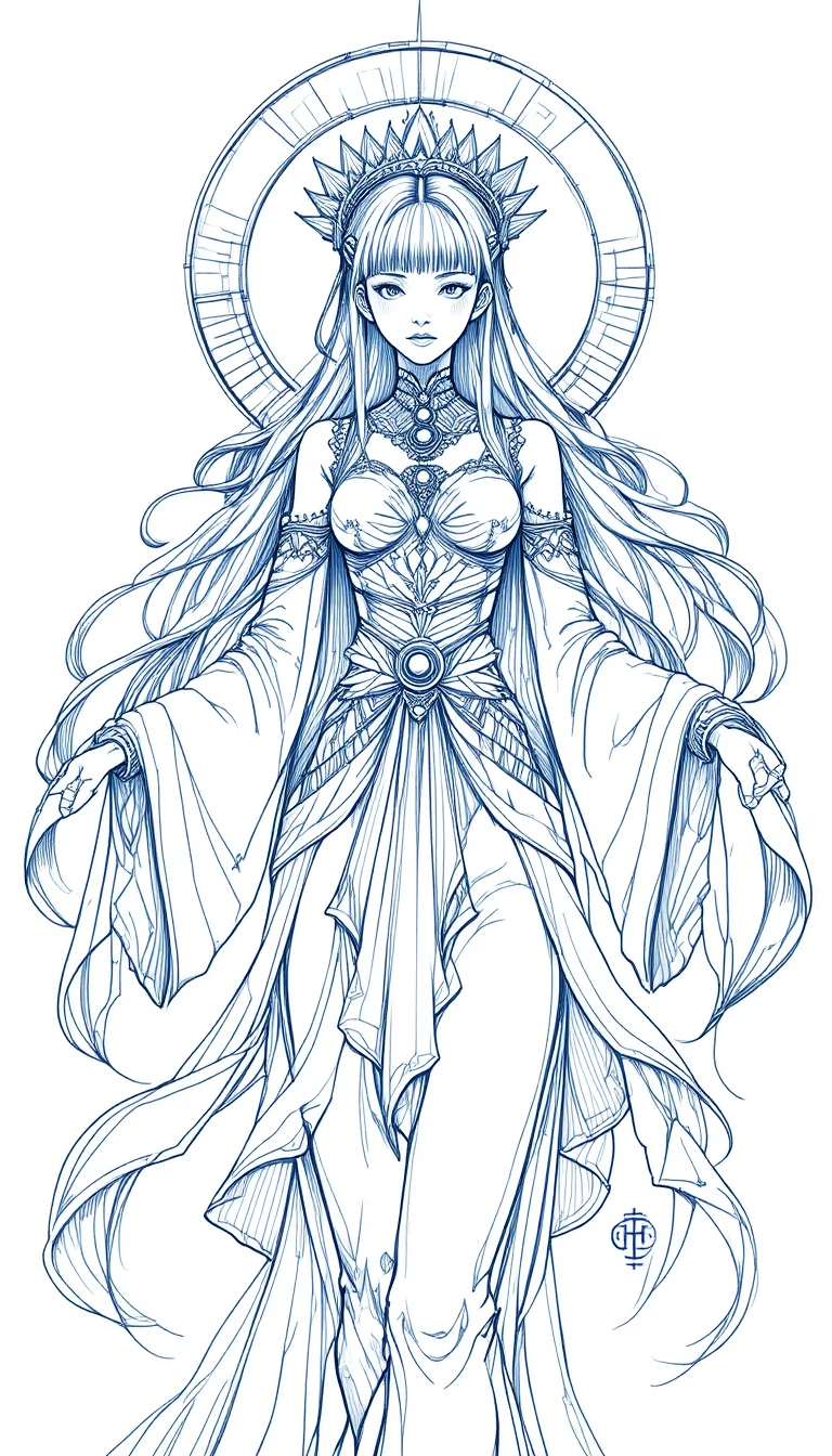 Deusa mística de anime em arte linear com fitas fluidas e halo