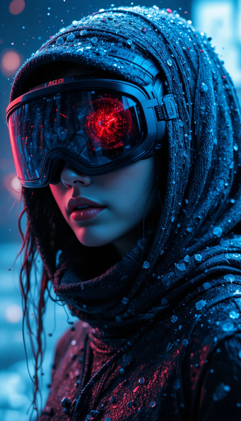 Retrato de exploradora brasileira cyberpunk com visor futurista
