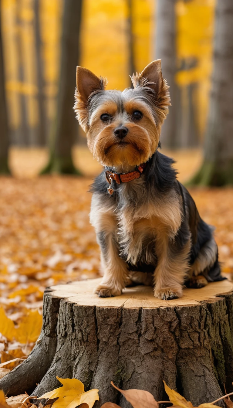 Yorkshire terrier com folhas de outono em um toco de árvore na floresta
