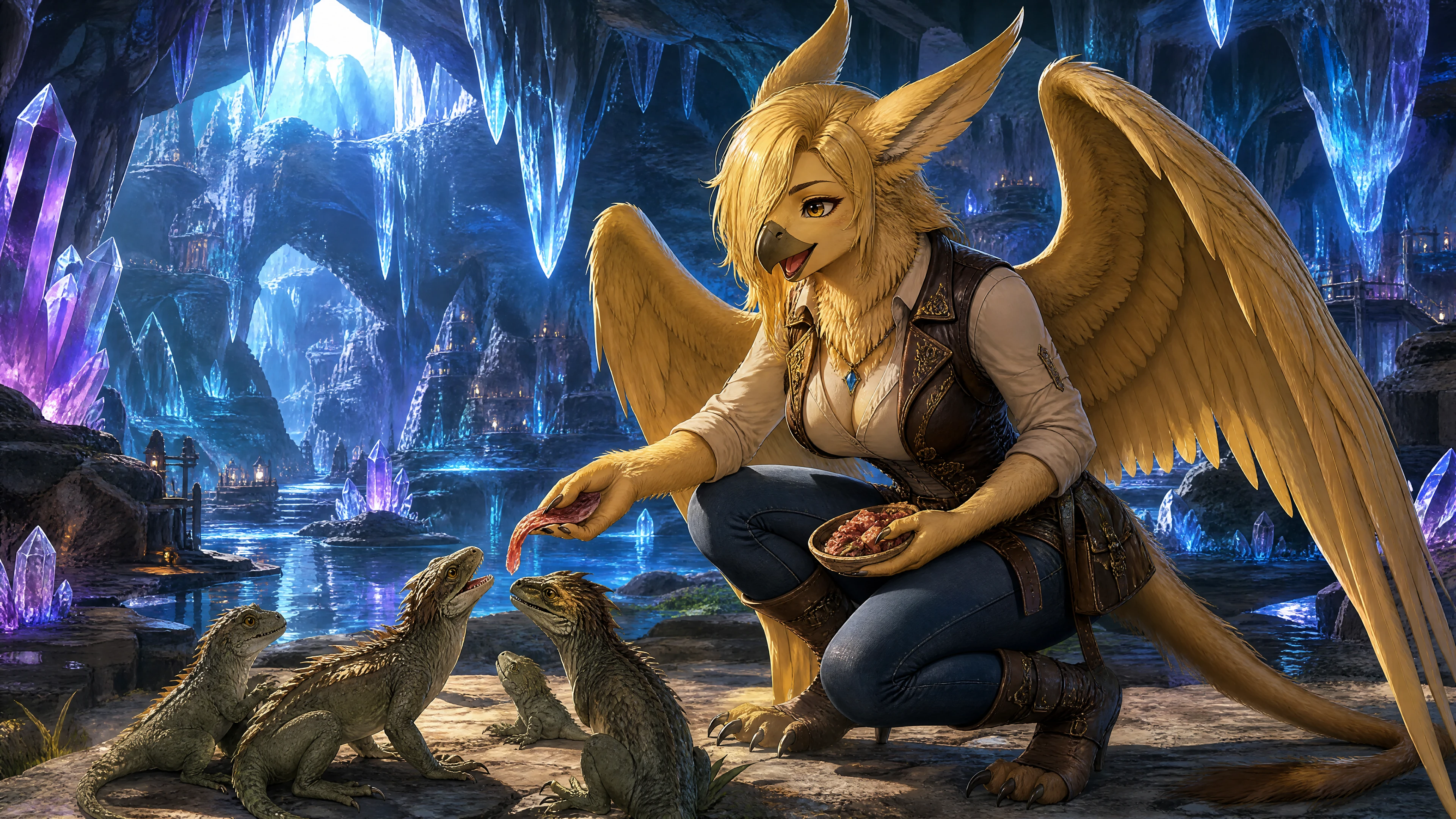 Femme griffon ailée nourrissant des lézards dans une grotte de cristal