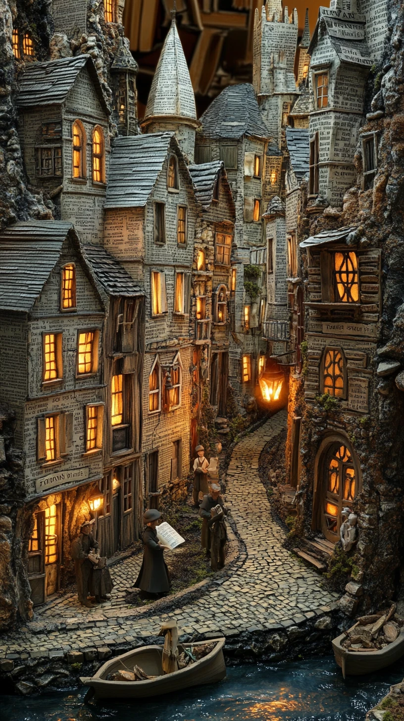 Diorama di un villaggio in miniatura racchiuso in imponenti vecchi libri