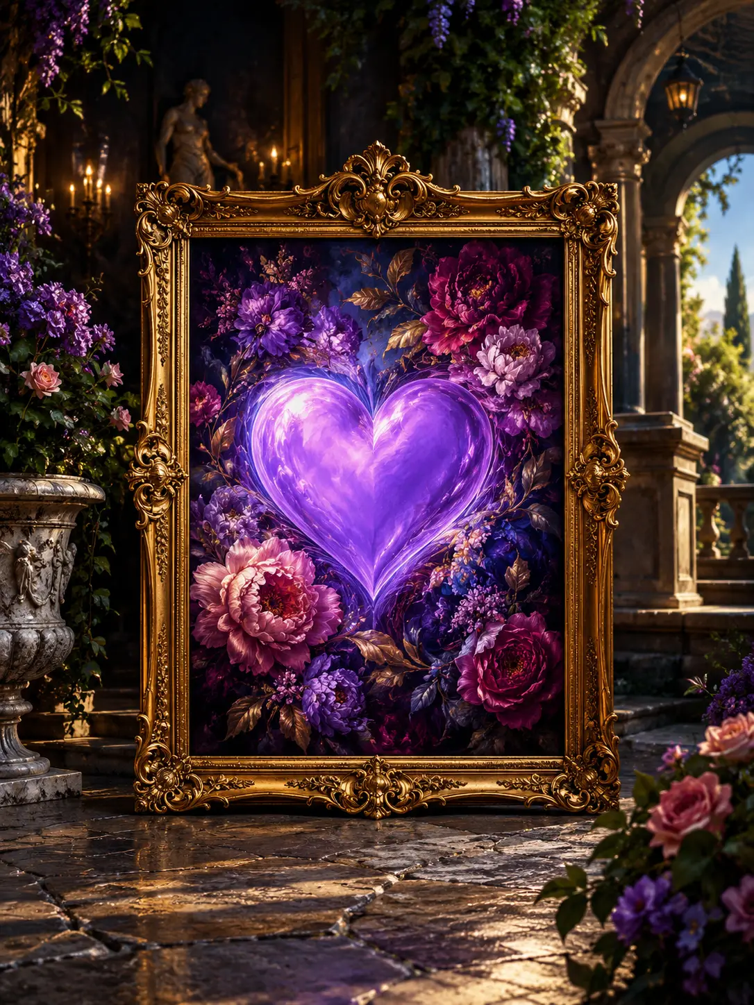 Lilac heart painting in a floral baroque courtyard setting