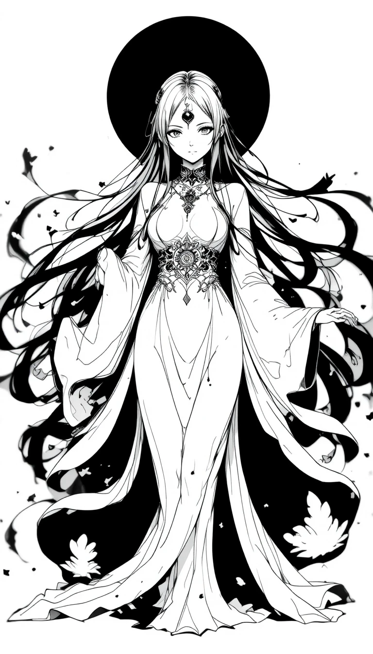 Mulher de anime etérea em vestes de tinta esvoaçantes com auréola