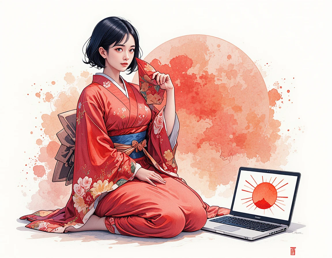 Garota de anime em quimono vermelho com leque e laptop