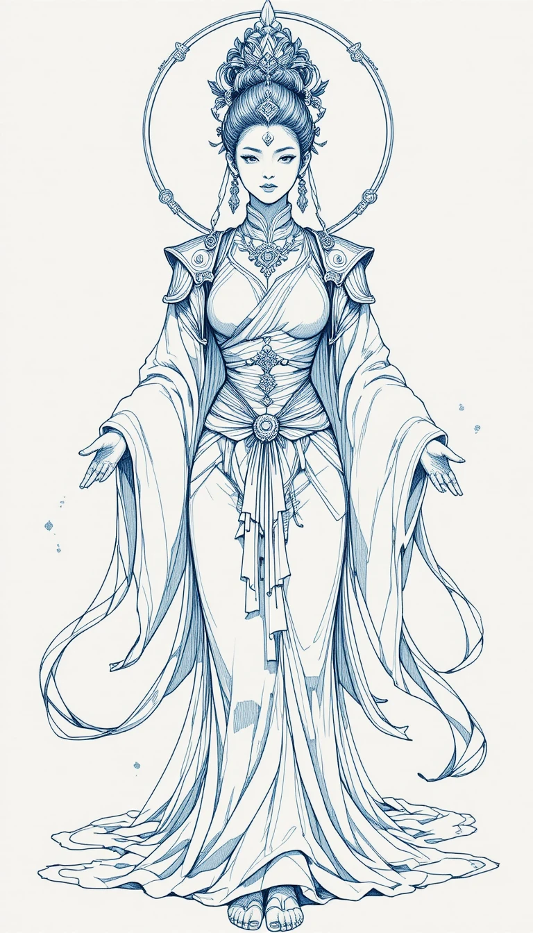 Femme divine en style anime en robes célestes avec encrage au trait