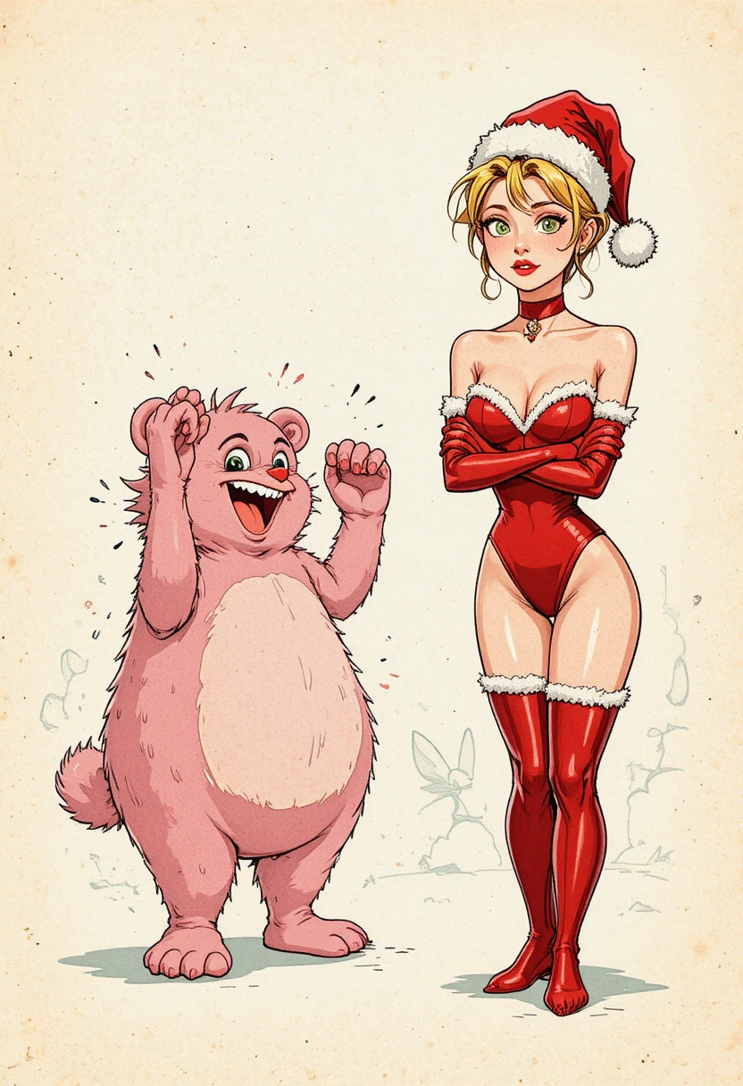 Mulher Brincalhona de Fantasia de Mamãe Noel com Urso Rosa de Desenho
