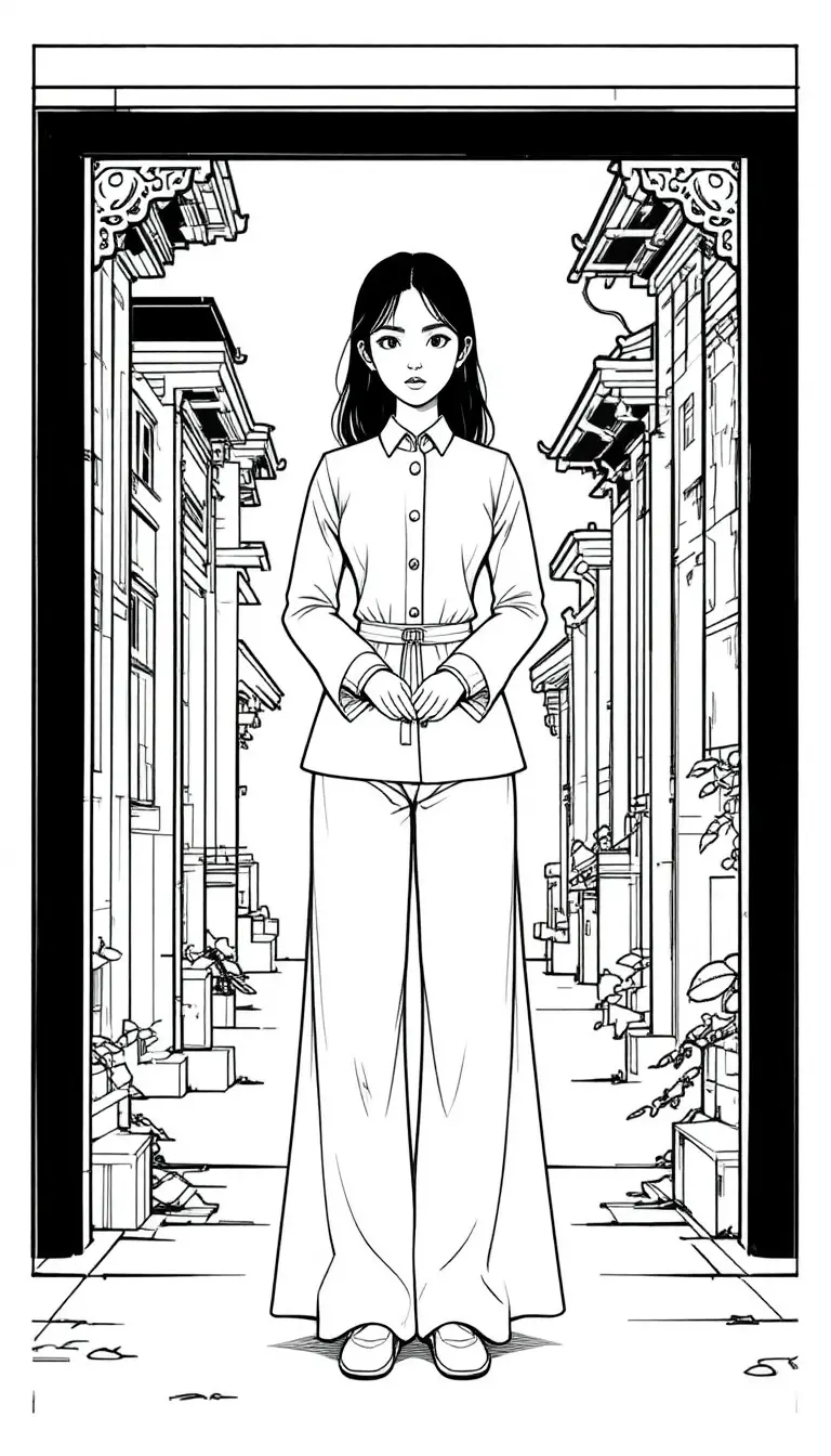 傳統服飾女子風格化線條插畫