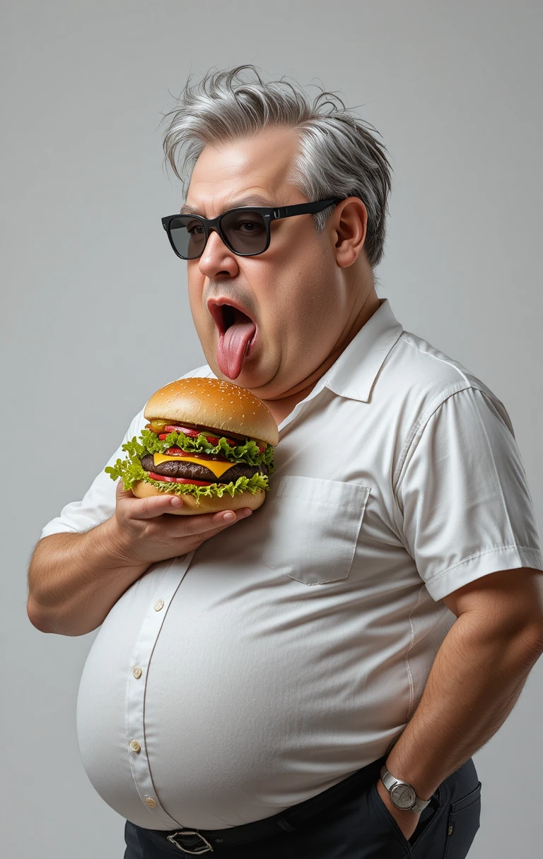 커다란 햄버거를 집으려는 배고픈 남자의 클로즈업