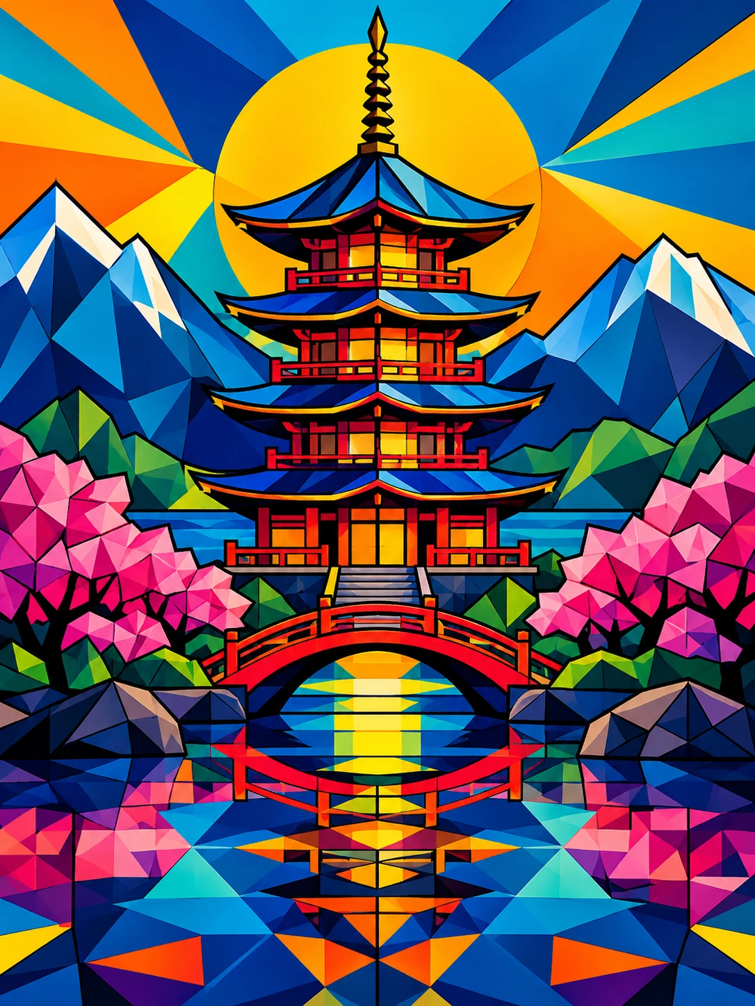 Pagoda geométrica colorida en un paisaje abstracto sereno