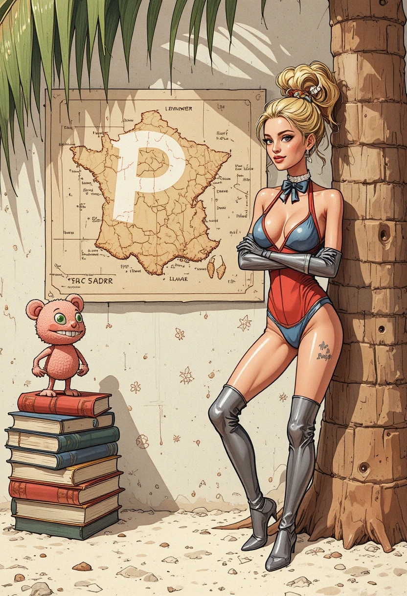 Playful Santa Pin Up Woman And Pink Cartoon Bear