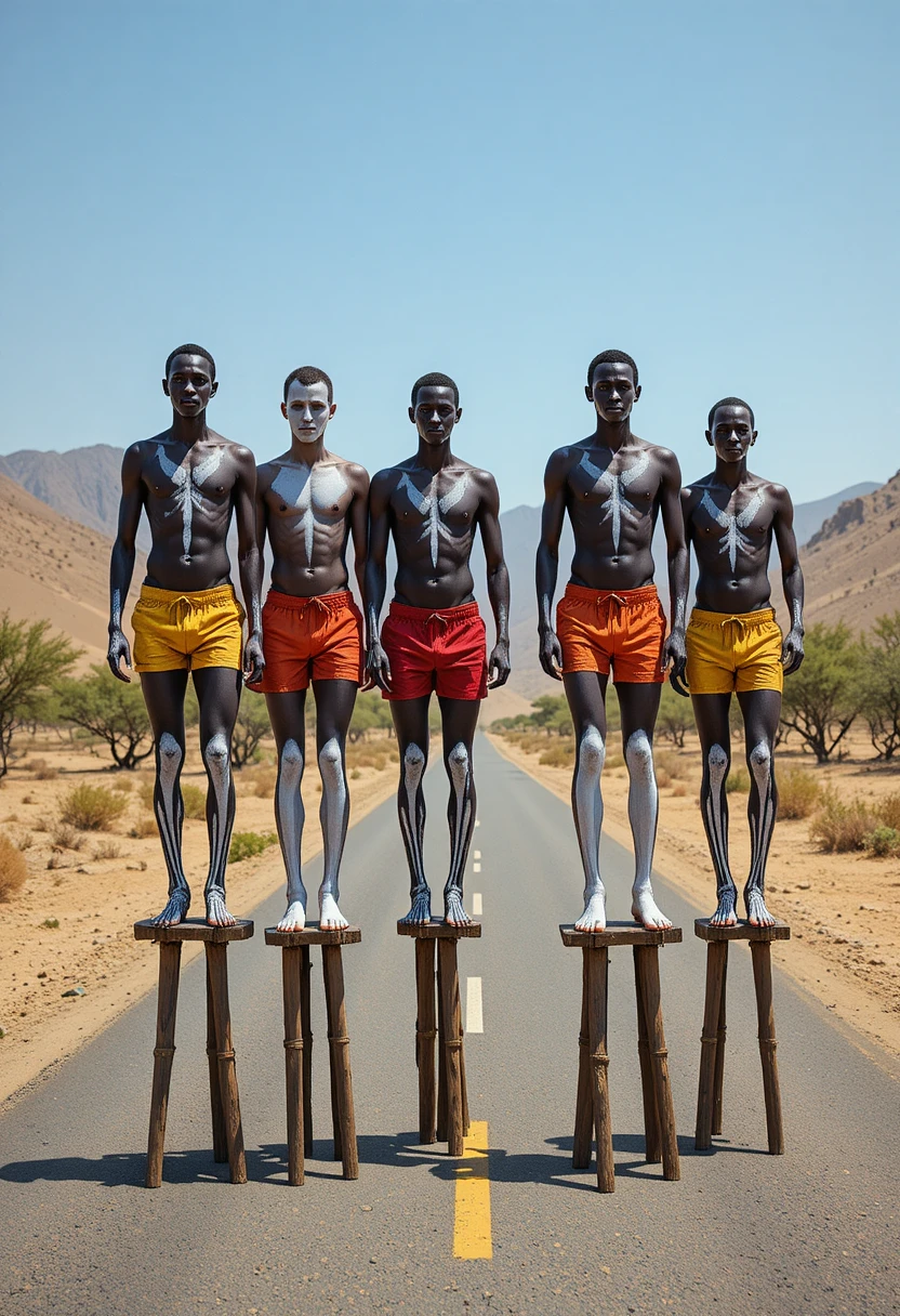 Échassiers africains traversant une route désertique baignée de soleil