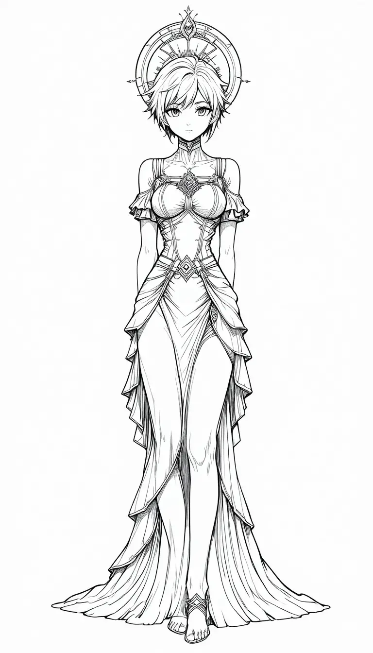 モノクロのマンガ風ドレス女性と光輪