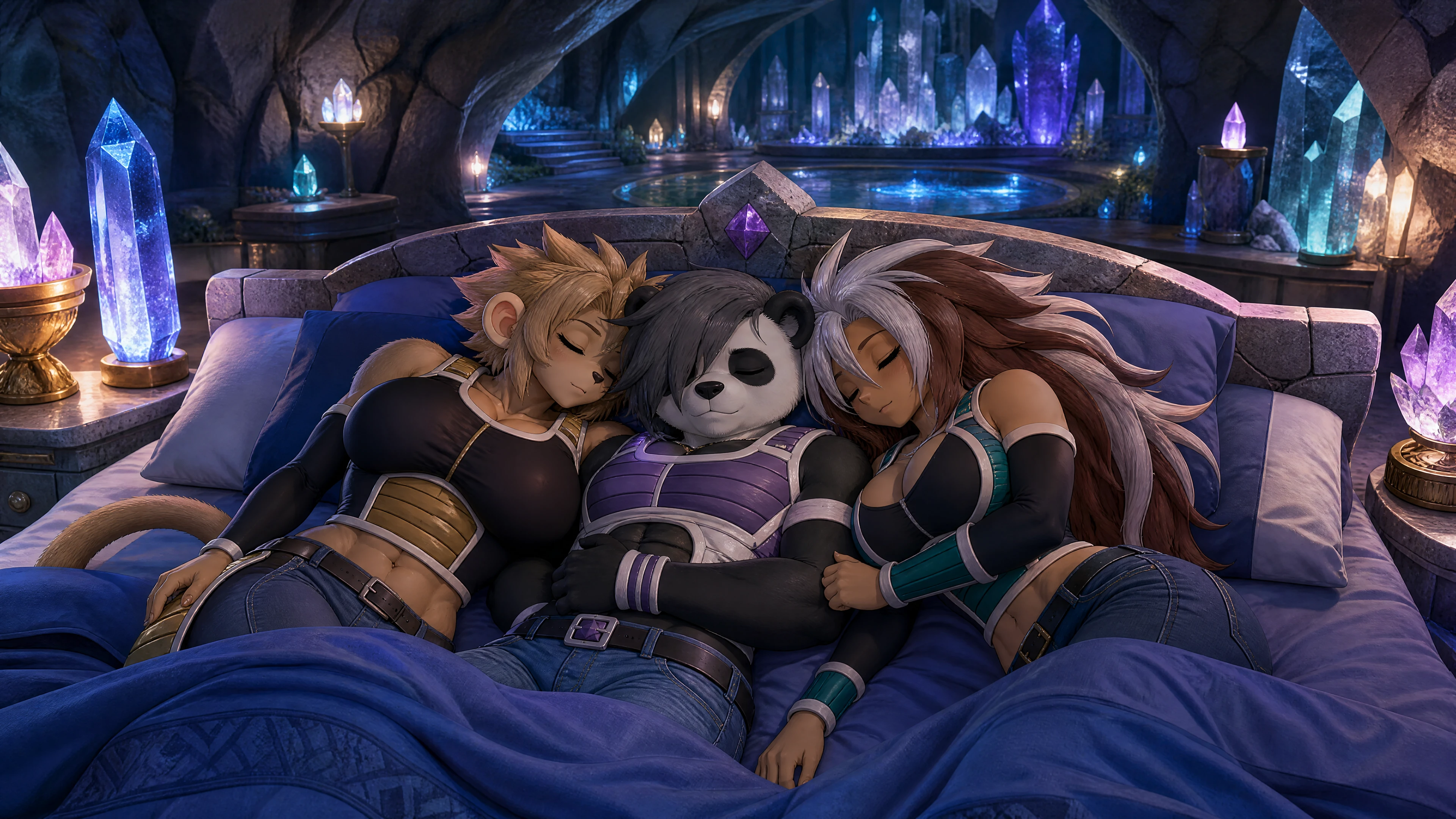 Three lovers sleeping together in a glowing crystal cave