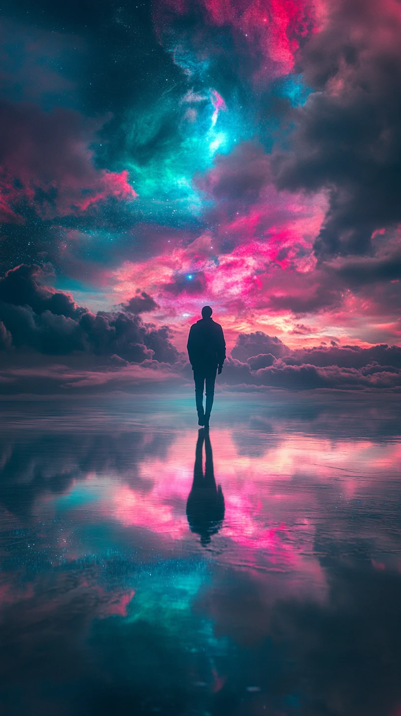 Lone figure walking on a reflective surface in swirling clouds