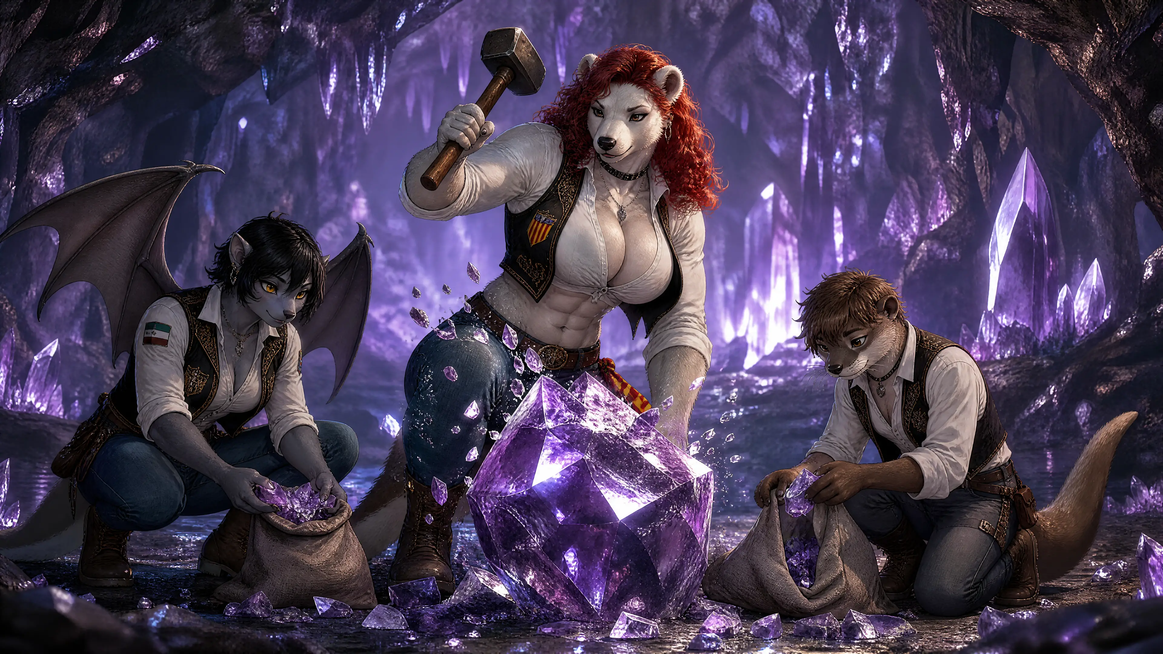 Anthro heroes shatter a crystal in a glowing cavern
