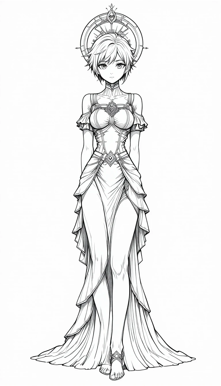 Mulher de mangá monocromática em vestido esvoaçante com auréola
