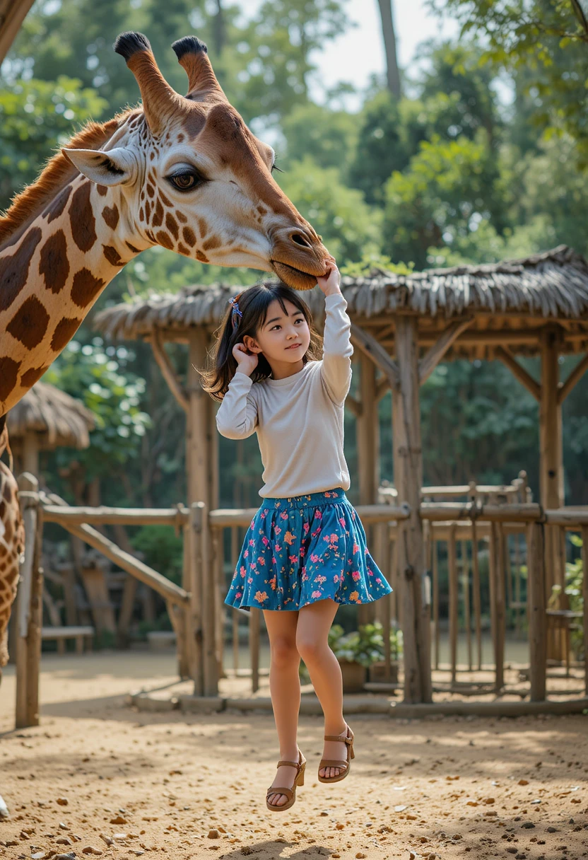 Jeune fille soulevée par une girafe dans un enclos de zoo