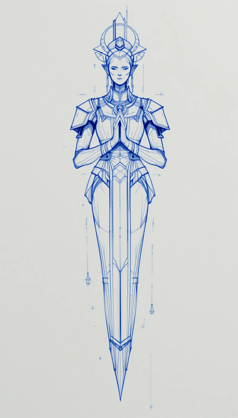 Figure mystique en robe flottant dans un dessin symétrique à l’encre