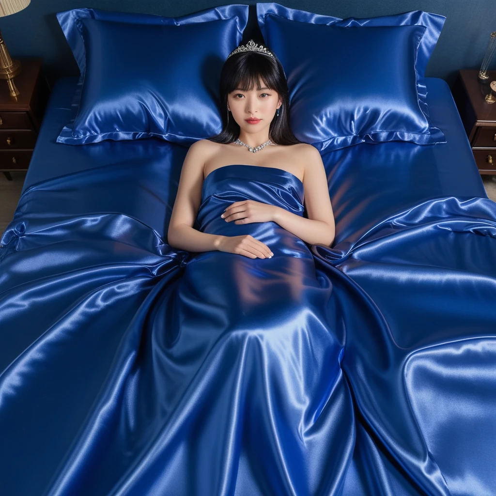 Elegante japanische Frau, die auf blauem Satinbett ruht