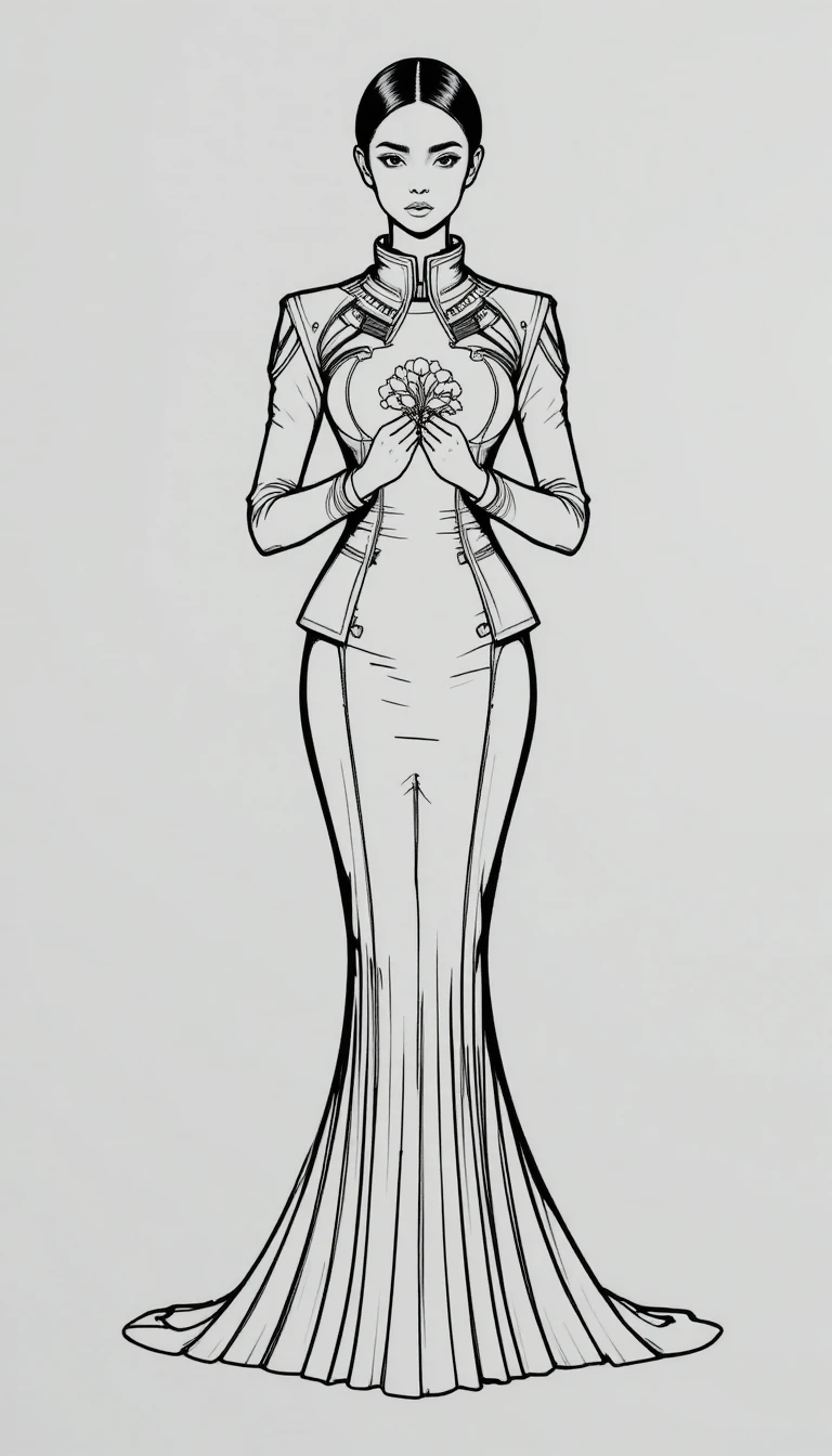 Monochrome fashion line art of regal woman with flowers