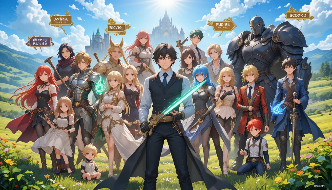 Grupo de heróis de anime em uma paisagem fantástica iluminada