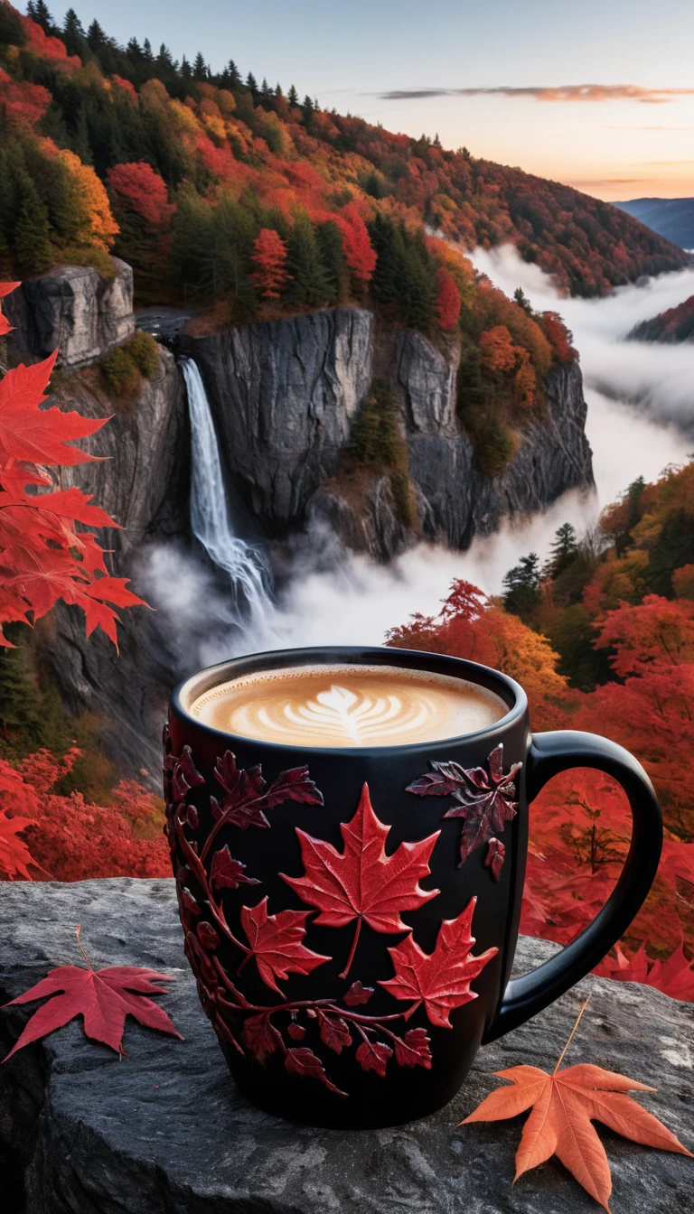Tazza nera di caffè fumante su una scogliera rocciosa
