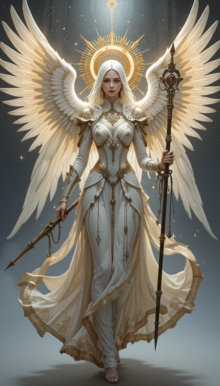 Sagrada guerrera angelical con espada divina resplandeciente