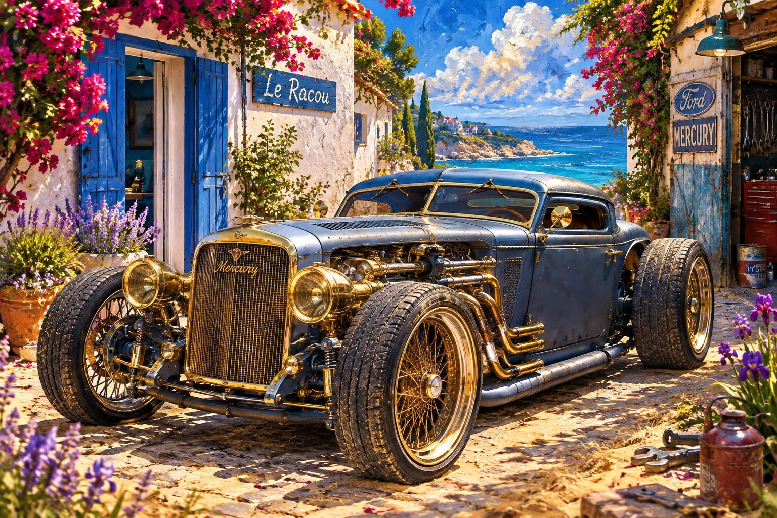 Carro cyberpunk em rua ensolarada de vila mediterrânea