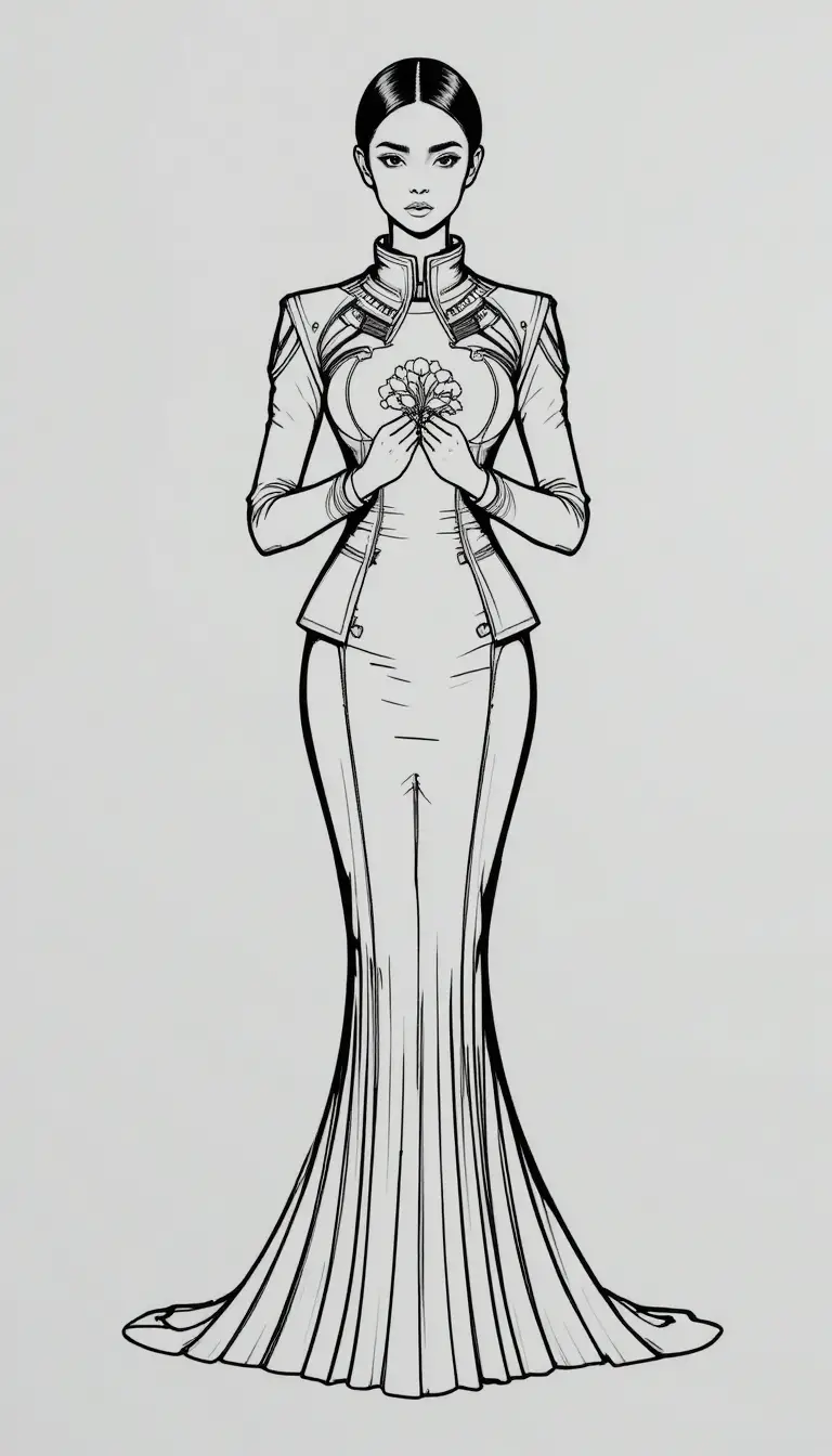 Ilustración de moda en línea monocromática de mujer regia con flores